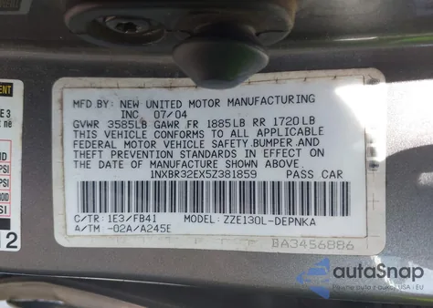 2005 Toyota Corolla Ce/Le/S z USA, uszkodzony, nr VIN 1NXBR32EX5Z381859